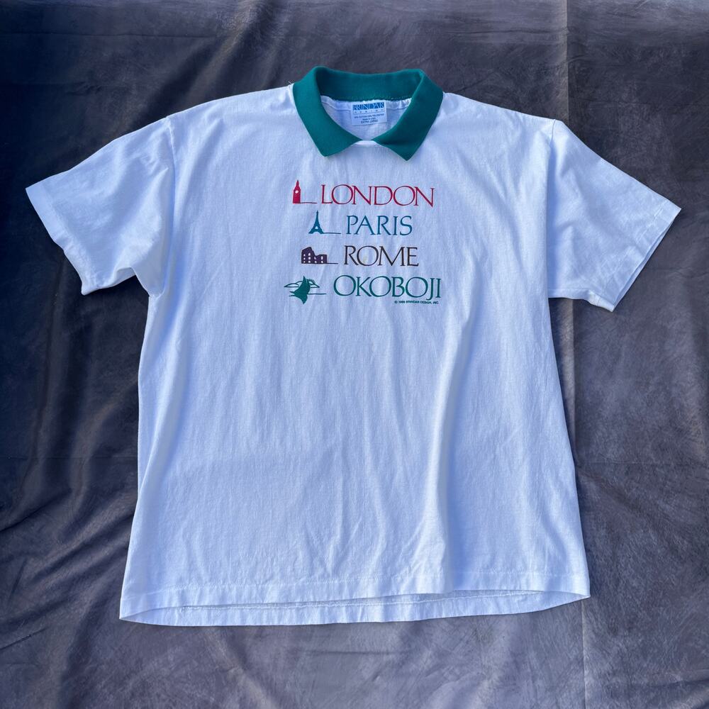 Vintage 90's Okoboji Iowa Funny Destination Travel Collared White Shirt Sz XL